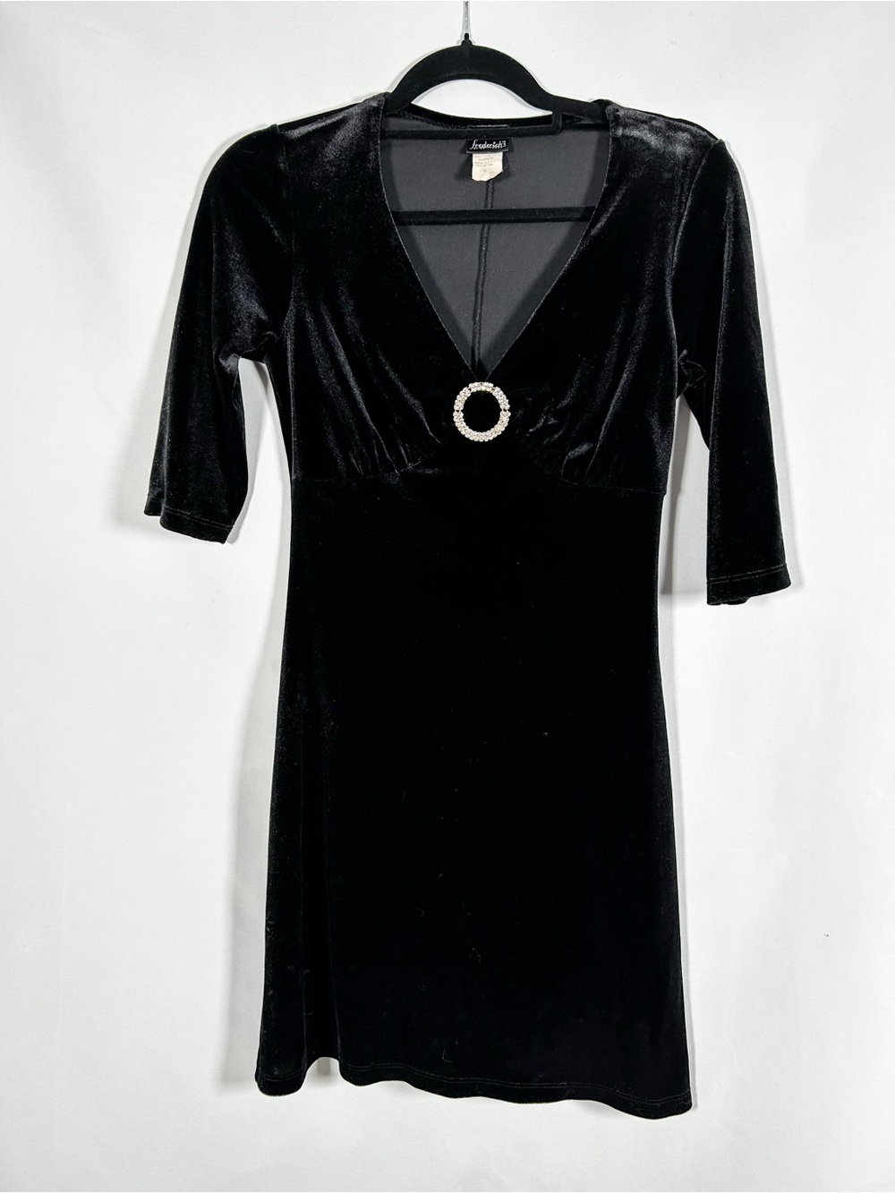 Vintage Frederick’s of Hollywood Black Velvet Mini Dress Rhinestone Brooch Y2K